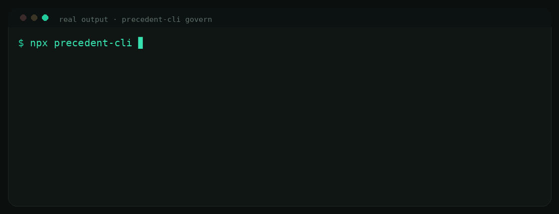 Real precedent-cli govern output: BLOCK, guardrail_conflict, exit 1